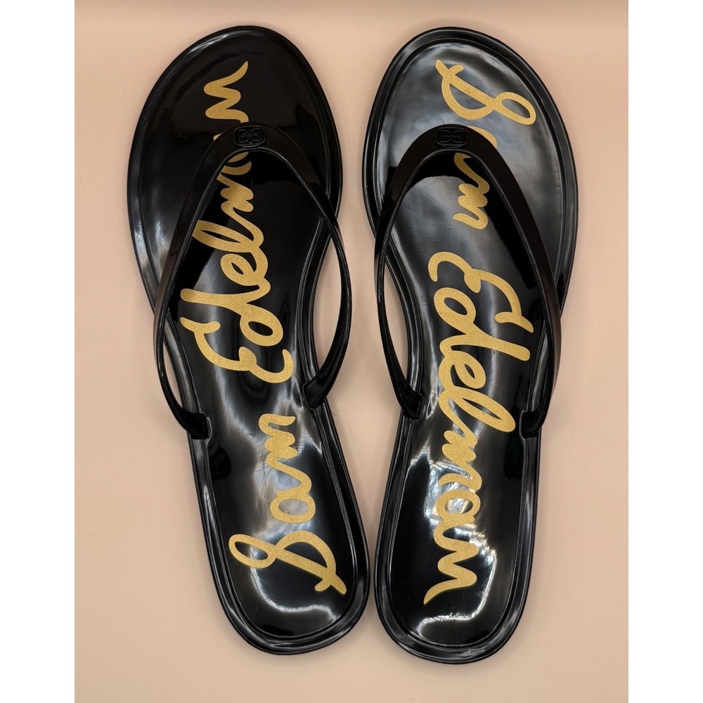 Sam Edelman Dean Black Jelly Flip Flop Thong Sandal Gold Logo 11 J5250S1001 BOX